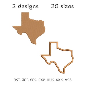 May include: Two brown embroidery designs of the state of Texas, one solid and one outlined, with the text 2 designs, 20 sizes, and the file formats DST, JEF, PES, EXP, HUS, XXX, and VP3 displayed in a clear, legible font on a plain background.