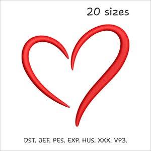 Könnte beinhalten: Ein rotes Herzdesign mit genähter Textur, vor weißem Hintergrund. Der Text "20 Größen" befindet sich über dem Herzen. Unter dem Herzen stehen die Abkürzungen: DST, JEF, PES, EXP, HUS, XXX und VP3.