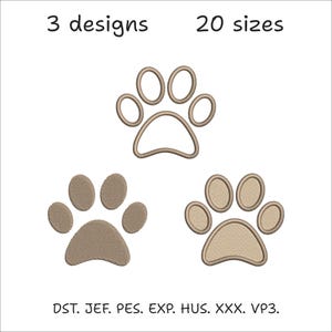 May include: Three different paw print designs in shades of brown are displayed on a white background. The text "3 designs" and "20 sizes" are at the top. The bottom of the image shows file formats.