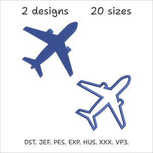 Könnte beinhalten: Zwei blaue Flugzeug-Stickmotive, eines ausgefüllt und eines als Umriss. Der Text lautet 2 designs, 20 sizes sowie die Dateiformate DST, JEF, PES, EXP, HUS, XXX, VP3. Die Motive sind vor einem weißen Hintergrund für klare Sichtbarkeit dargestellt.