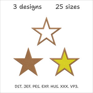 Puede incluir: Tres diseños de estrellas en marrón, blanco y amarillo con contornos marrones. El texto en la parte superior dice "3 diseños 25 tamaños". Debajo, abreviaturas de formatos de archivo: DST, JEF, PES, EXP, HUS, XXX, VP3.