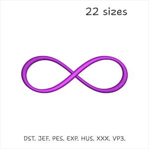 Pode incluir: Um vibrante símbolo de infinito roxo sobre um fundo branco. O texto "22 tamanhos" está acima do símbolo. Abaixo do símbolo estão as abreviações: DST. JEF. PES. EXP. HUS. XXX. VP3.