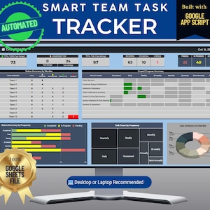Puede incluir: Un monitor de ordenador que muestra un panel de control "SMART TEAM TASK TRACKER". La pantalla muestra visualizaciones de datos, gráficos y resúmenes del progreso del proyecto. También se ve el texto "AUTOMATED" y "Built with GOOGLE APP SCRIPT".