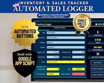 Monitoraggio inventario e vendite / Modello di Fogli Google / Dashboard automatizzata per e-commerce / Strumento di foglio di calcolo per piccole imprese