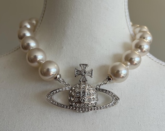Vivienne Westwood 1990s Pearl Choker Silver Necklace, Wedding Bridal Bridesmaid Gift