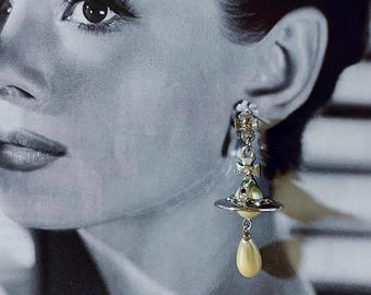 Vivienne Westwood 1990s Teardrop-shape Pearl Silver Orb Earrings, vintage Diamond Saturn Wedding Bridal Bridesmaid White