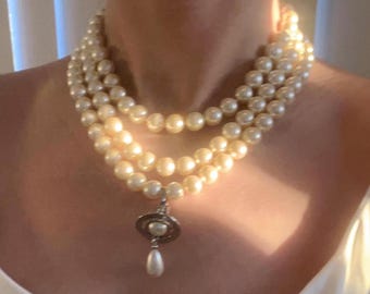 Vivienne Westwood 1990s Three-Row Pearl Orb Pendant Choker Necklace, Vintage, Silver, Diamond Orb Wedding Bridal Bridesmaid