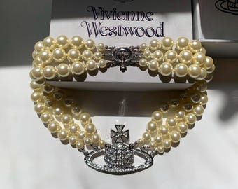 Vivienne Westwood 1990s Three-Row Pearl Silver Choker Necklace, Vintage, Diamond Orb Wedding Bridal Bridesmaid