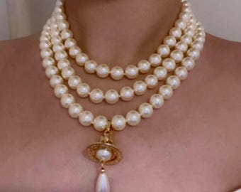 Vivienne Westwood 90s Gold Three-Row Pearl Necklace, Orb Pendant Choker, Wedding Bridal Bridesmaid