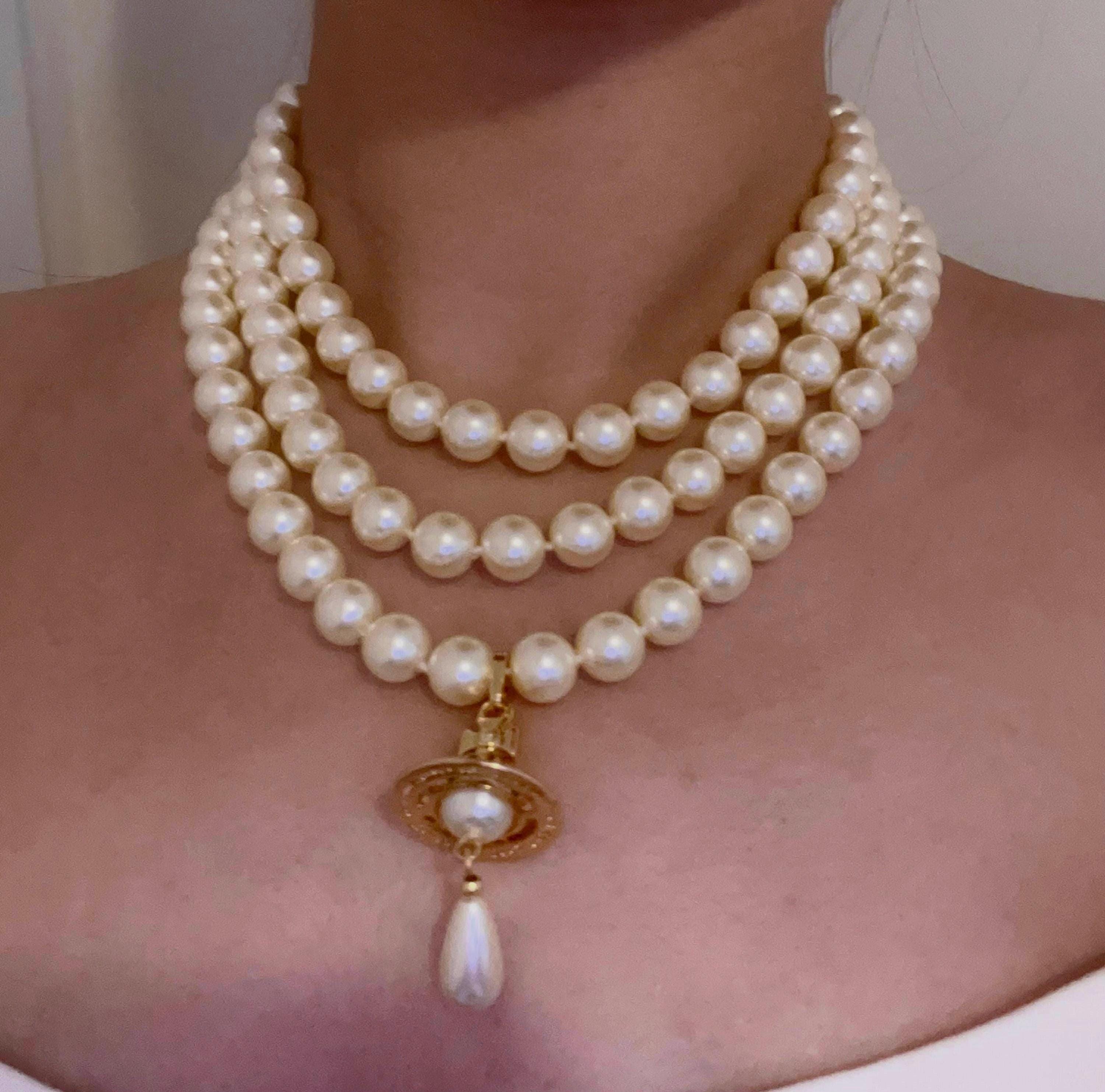 Vivienne Westwood 90s Gold Three-row Pearl Necklace, Orb Pendant