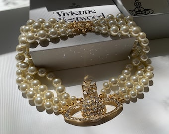 Vivienne Westwood 1990s Three-Row Pearl Gold Choker Necklace, vintage, Diamond Orb Wedding Bridal Bridesmaid