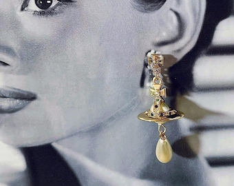 Vivienne Westwood 1990s Teardrop-shape Pearl Gold Orb Earrings, Diamond Saturn Wedding Bridal Bridesmaid White