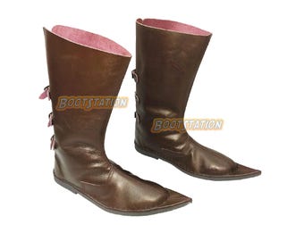 Handmade Medieval Poulaine Boots, Calf Boots, Ren Faire Leather Boot, Equestrian Style Long Shoes