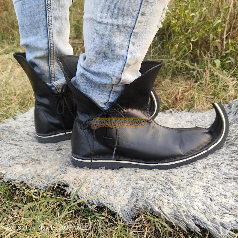 Handgemaakte leren poulaines-laarzen: middeleeuwse poulaine-laars, renaissance-cosplay schoenen met gekrulde neus afbeelding 5