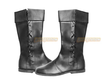 Handmade Leather Long Boots | Side Lace Boot | Renaissance Festival Shoes, Medieval Costume Shoes
