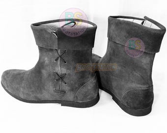 Rustic Suede Leather Ankle Boots Handmade Side Lace Fold-Down Cuff  Medieval Renaissance Sigurd Shoes
