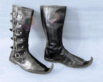 Medieval Handmade Leather Long Boots | Curly Toe Equestrian Style Boot | Vintage, Rugged Outdoor Shoes