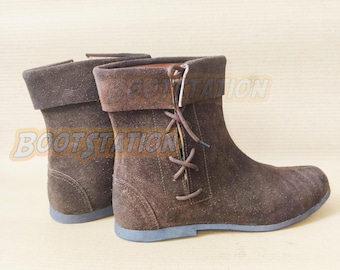 Handmade Medieval Suede Leather Boots, Renaissance Faire Ankle Boot, Vikings LARP Costume Period Footwear