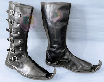 Medieval Handmade Leather Long Boots | Curly Toe Equestrian Style Boot | Vintage, Rugged Outdoor Shoes