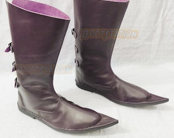 Handmade Medieval Poulaine Boots, Calf Boots, Ren Faire Leather Boot, Equestrian Style Long Shoes