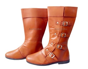 Handmade Leather Long Boots: Medieval Larp Boot, Pirate Shoe, Renaissance Festival Costume Footwear