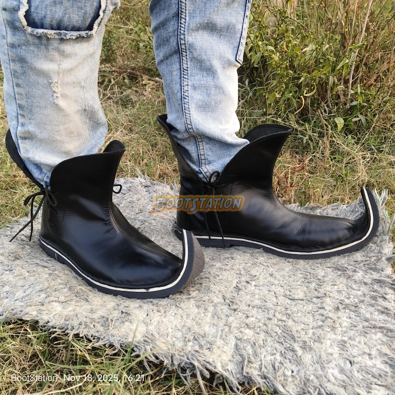 Handgemaakte leren poulaines-laarzen: middeleeuwse poulaine-laars, renaissance-cosplay schoenen met gekrulde neus afbeelding 6