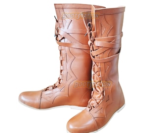 Handgefertigte Leder Lange Stiefel | Piraten Hoher Stiefel | Wikinger Herren Mittelalter Renaissance Schuhe