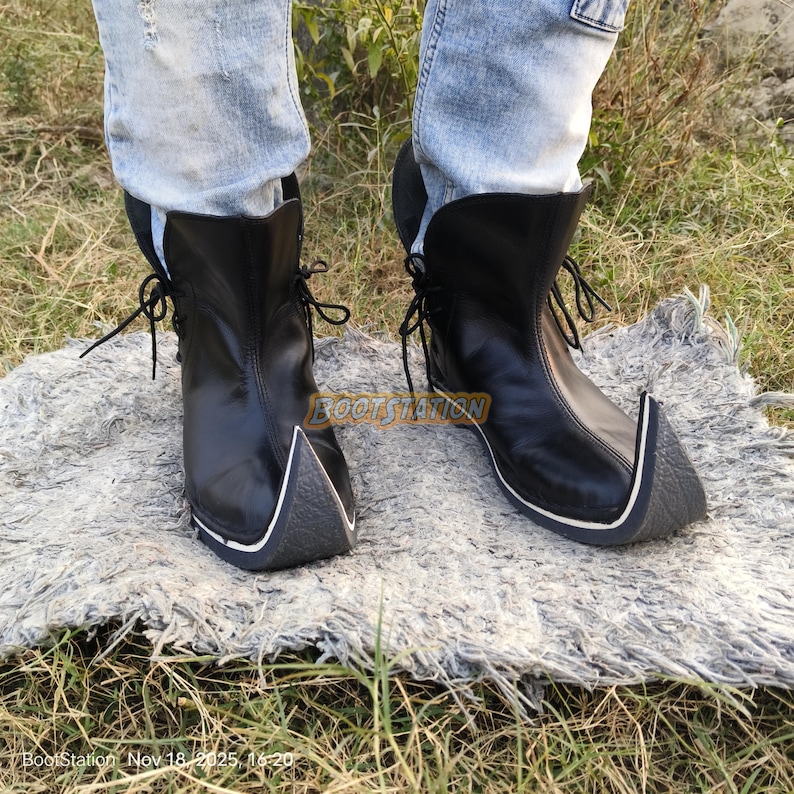 Handgemaakte leren poulaines-laarzen: middeleeuwse poulaine-laars, renaissance-cosplay schoenen met gekrulde neus afbeelding 7