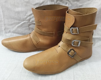 Handcrafted Triple Buckle Medieval Leather Boots - Ankle Shoes for LARP, Cosplay & Renaissance Faires