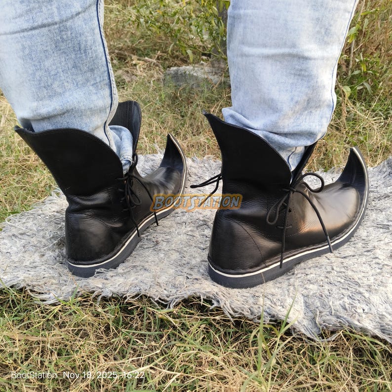 Handgemaakte leren poulaines-laarzen: middeleeuwse poulaine-laars, renaissance-cosplay schoenen met gekrulde neus afbeelding 8