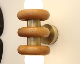Modern Wood and Brass Wall Sconce: Minimalist Dual Bulb Light