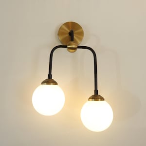 Brass Double Globe Wall Sconce - Mid Century Modern Glass Wall Light - Vintage Style Bathroom or Bedroom Lighting