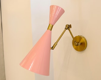 Mid-Century Italian Brass Wall Sconce: Pink Double Cone Lamp