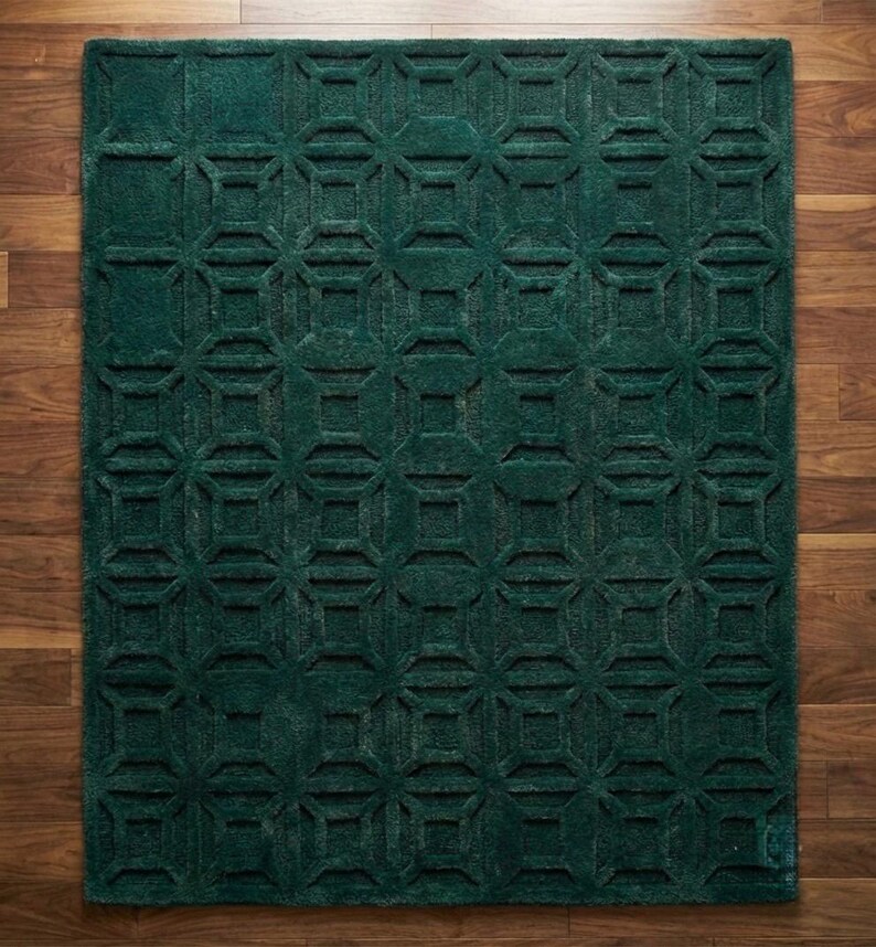 Emerald Green Geometric Hand Tufted Rug – Modern 3D Carved Wool Area ...
