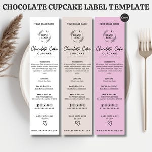 May include: A chocolate cupcake label template with three vertical labels in white, beige, and pink. Each label includes a brand logo, the text "Chocolate Cake CUPCAKE", and ingredient details. A fork and knife are on the right.