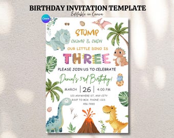 Pastel Dinosaur Girl Birthday Invitation: Three Rex Party (5x7 Digital Download Canva Template)