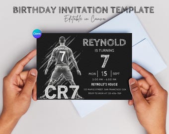 Invitación de cumpleaños de CR7 con temática de Ronaldo, editable en Canva (descarga digital)