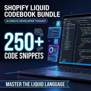 Paquete de código Shopify Liquid Codebook / Más de 250 fragmentos de código / PLR MRR / Códigos personalizados para sitios web Shopify. Compatible con todos los temas.