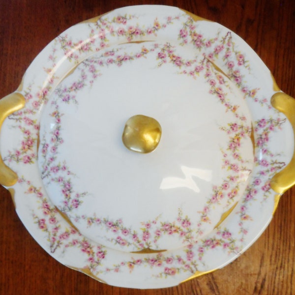 Theodore Haviland New York Made in America Vareene Pattern Covered Scalloped Serving Dish Pink Floral Swags Gold Verge Discontinued Pattern