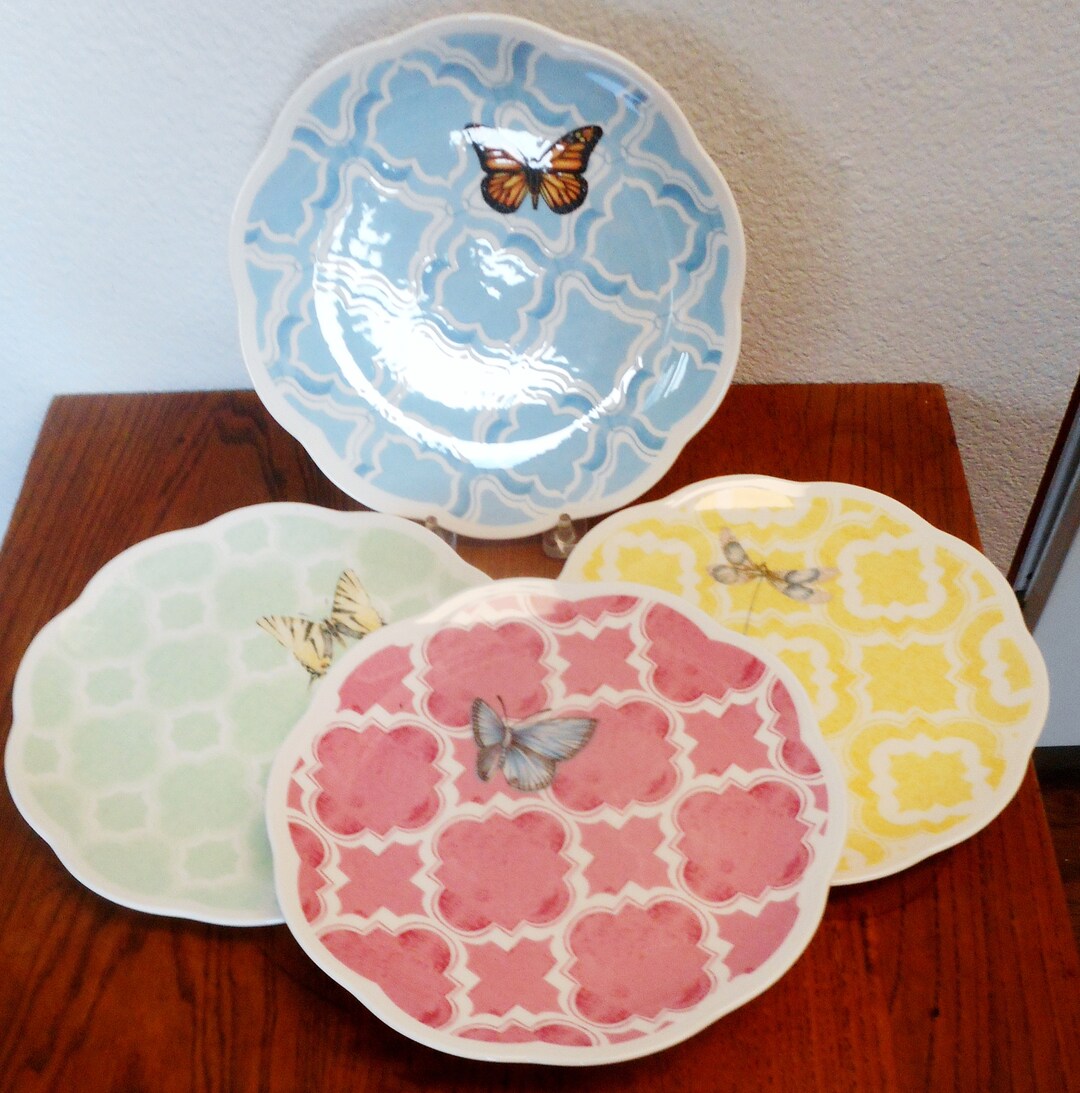 Lenox Butterfly Meadow Set of Four Salad Plates Trellis Motif Scalloped