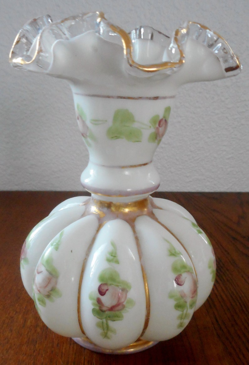 Fenton Charleton Silver Crest Hand Decorated Pink Rose Vase Etsy