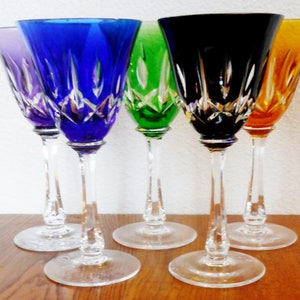 Czech Bohemian Set of Five Cut to Clear Wine Stems Multicolored Vintage