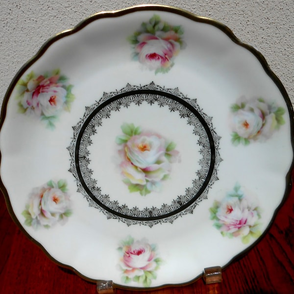 Bavaria, PM Germany, Antique Hand Decorated Pink Rose Motif  Plate