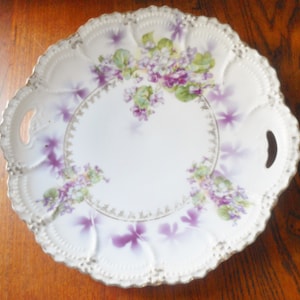 Leutchenburg Germany Scalloped Handled Charger Lavender Floral Design Victorian Beaded Perimeter