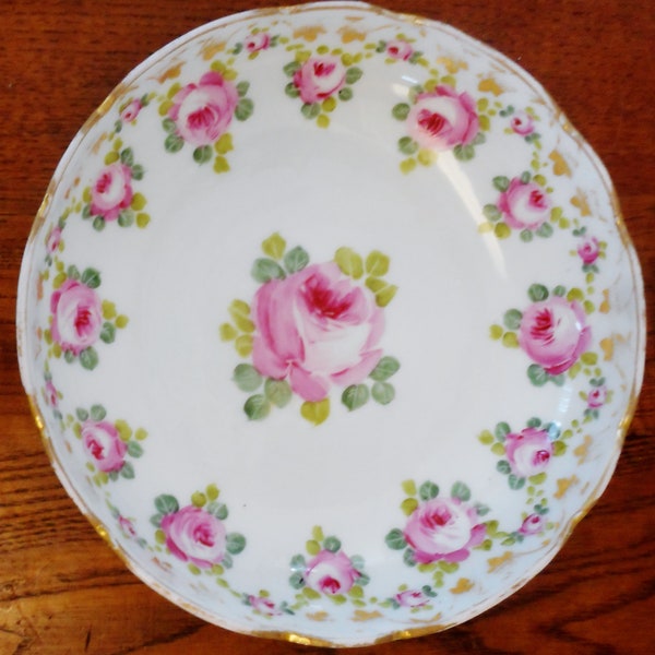 Elite Works Limoges France Footed Porcelain Bowl Pink Cabbage Roses Green Leaves Gold Verge Hand Decorated 20th Century 1900