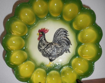 Marston California #50 Ceramic Deviled Egg Plate Black Rooster Center Mid-Century 1950's