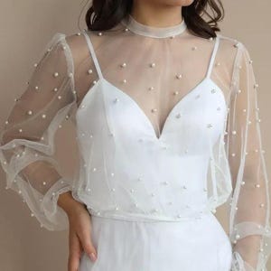 Pearl Wedding Topper/Wedding Tulle Bolero/Bridal Long Sleeve Top/Bridal Pearl Cover/Beaded Overlay Top/Wedding Dress Cover up/Pearl Bolero
