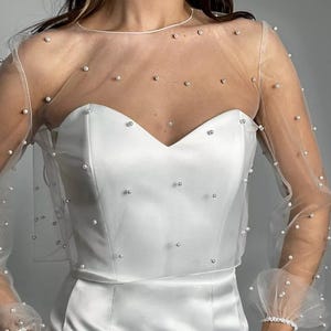 Pearl Wedding Topper/Wedding Tulle Bolero/Bridal Long Sleeve Top/Bridal Pearl Cover/Beaded Overlay Top/Wedding Dress Cover up/Pearl Bolero
