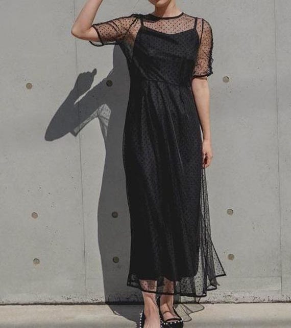 Handmade Black Tulle Polka Dot Occasion Dress,Sheer Overlay Dress,Festival Dress,High Fashion,Futuristic,Cocktail Party Dress/See Through