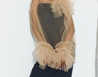 Elegant Blouse with Sheer Ruffle Detailed Sleeves – Tulle Shirt – Chic Women's Formal Blouse/ Tulle Ruffles Top/Overlay Top/Party Outfit